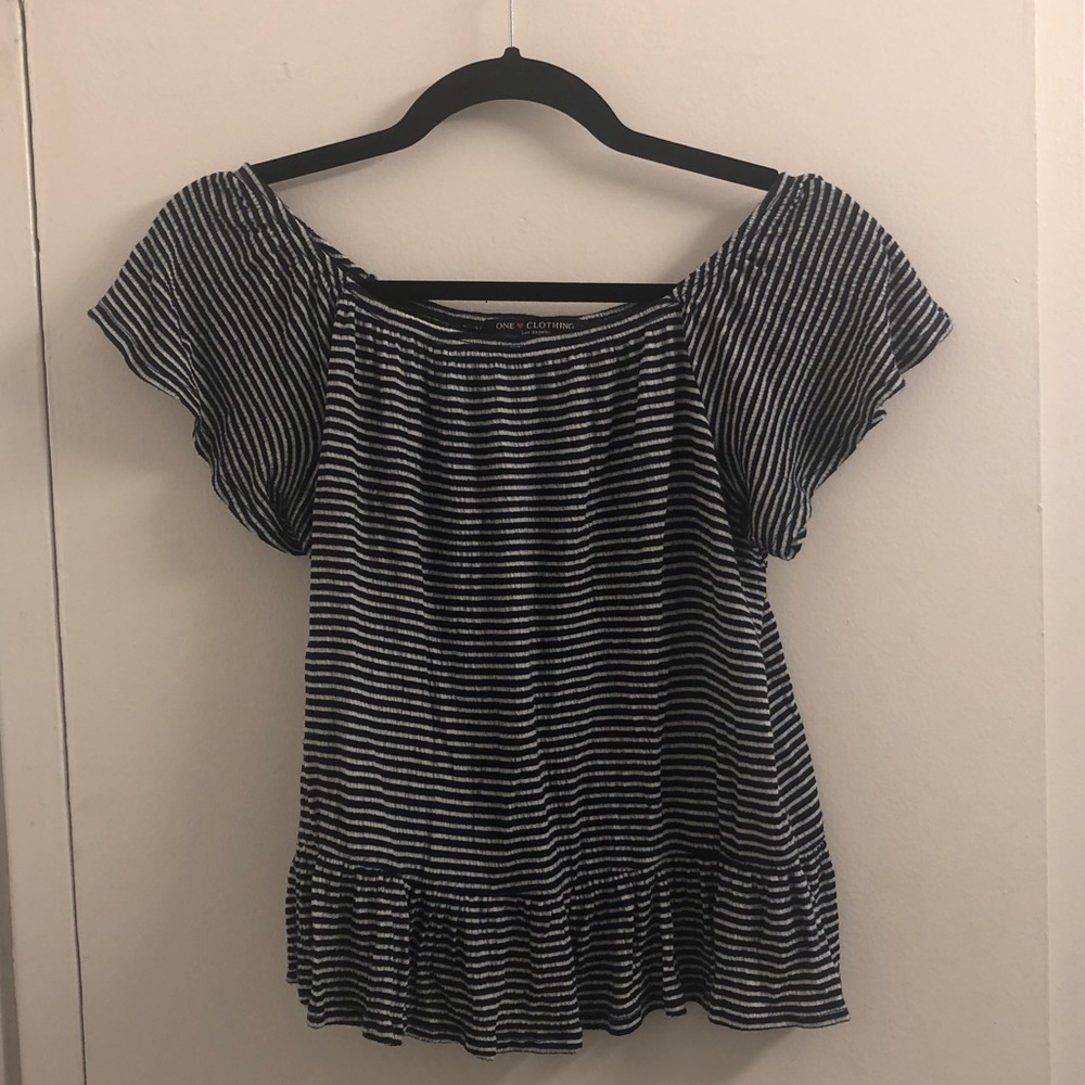 Navy & White Stripe Off The Shoulder Shirt